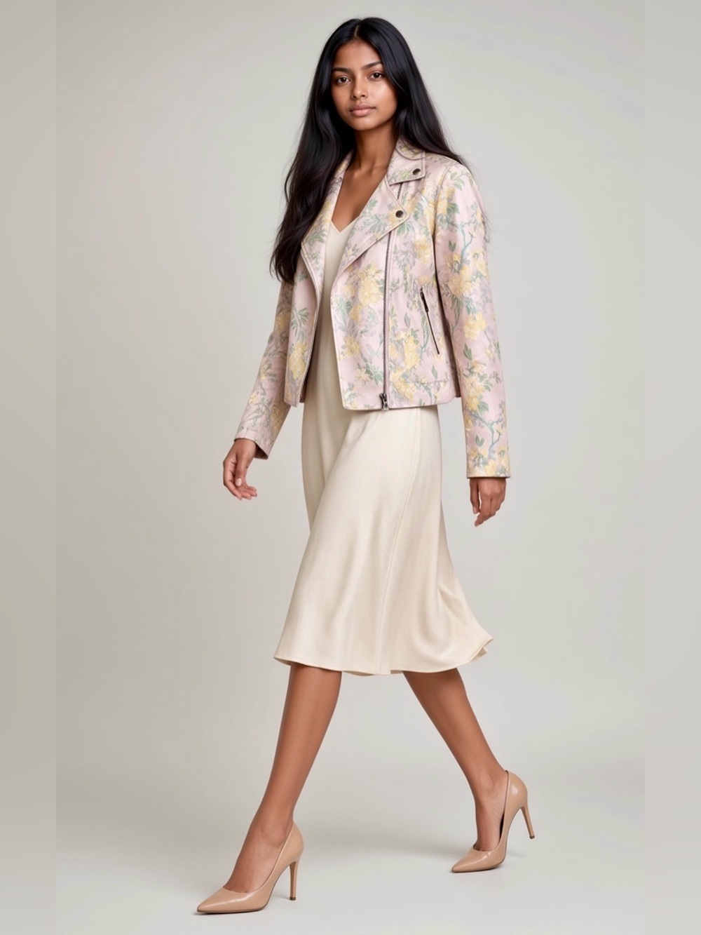 Sans Souci Pink Floral Satin Moto Biker Jacket Size L